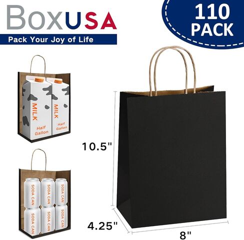 كيس ورق boxusa 8x4.25x10.5 أسود 110 قطعة أكياس هدايا أكياس ورقية متوسطة الحجم مع مقابض، أكياس كرافت كبيرة، أكياس تسوق ورقية، حقائب هدايا، أكياس بيع بالتجزئة، أكياس ورقية لحفلات الزفاف وعيد الميلاد وعيد الحب وعيد الميلاد in Kuwait