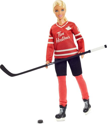 Tim Hortons Barbie Doll (12-inch Curvy) Collectible Barbie Doll Wearing Hockey Uniform, with Doll Stand and Certificate of Authenticity, for 6 Year Olds and Up, Red in Saudi Arabia