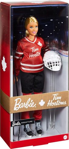Tim Hortons Barbie Doll (12-inch Curvy) Collectible Barbie Doll Wearing Hockey Uniform, with Doll Stand and Certificate of Authenticity, for 6 Year Olds and Up, Red in Saudi Arabia