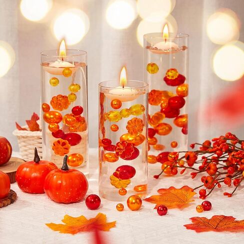 MTLEE 2124 Pcs Thanksgiving Vase Filler Faux Pearl for Vase Filler with 8 White Unscented Candles 2000 Water Gel Beads for Thanksgiving Fall Home Table Party Festival Decors(Maple Leaves) in Kuwait