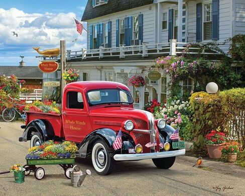 Springbok - Whale Watch Inn - 1000 Piece Jigsaw Puzzle Illustration of Nostalgic red Truck, Colorful Seaside Setting in Saudi Arabia