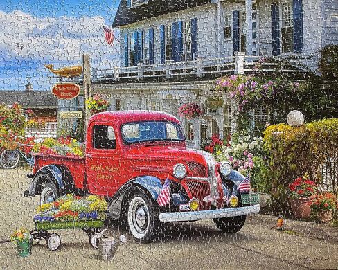 Springbok - Whale Watch Inn - 1000 Piece Jigsaw Puzzle Illustration of Nostalgic red Truck, Colorful Seaside Setting in Saudi Arabia