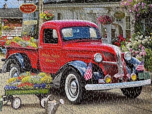 Springbok - Whale Watch Inn - 1000 Piece Jigsaw Puzzle Illustration of Nostalgic red Truck, Colorful Seaside Setting in Saudi Arabia