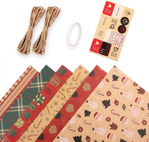 6 Pcs Set Christmas Wrapping Paper Birthday Wrapping Paper For Boy Men Women Girls Kid, Recycled Kraft Wrapping Paper, 20 x 28 inches Brown Kraft Folded Paper with Jute Strings, Stickers and Bows in Kuwait