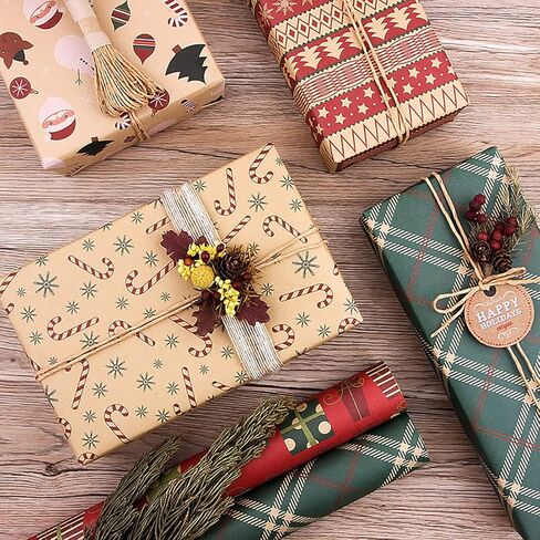 6 Pcs Set Christmas Wrapping Paper Birthday Wrapping Paper For Boy Men Women Girls Kid, Recycled Kraft Wrapping Paper, 20 x 28 inches Brown Kraft Folded Paper with Jute Strings, Stickers and Bows in Kuwait