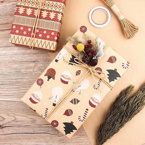 6 Pcs Set Christmas Wrapping Paper Birthday Wrapping Paper For Boy Men Women Girls Kid, Recycled Kraft Wrapping Paper, 20 x 28 inches Brown Kraft Folded Paper with Jute Strings, Stickers and Bows in Kuwait