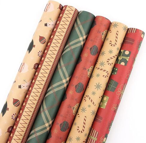 6 Pcs Set Christmas Wrapping Paper Birthday Wrapping Paper For Boy Men Women Girls Kid, Recycled Kraft Wrapping Paper, 20 x 28 inches Brown Kraft Folded Paper with Jute Strings, Stickers and Bows in Kuwait