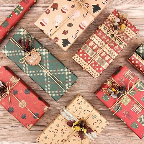 6 Pcs Set Christmas Wrapping Paper Birthday Wrapping Paper For Boy Men Women Girls Kid, Recycled Kraft Wrapping Paper, 20 x 28 inches Brown Kraft Folded Paper with Jute Strings, Stickers and Bows in Kuwait
