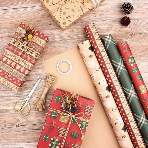 6 Pcs Set Christmas Wrapping Paper Birthday Wrapping Paper For Boy Men Women Girls Kid, Recycled Kraft Wrapping Paper, 20 x 28 inches Brown Kraft Folded Paper with Jute Strings, Stickers and Bows in Kuwait