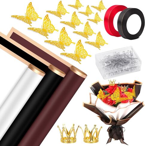 60 ورقة ورق تغليف زهور شفاف مقاوم للماء باقة زهور شفافة لتغليف الهدايا، ورق زهور بحافة ذهبية، لوازم ورقية لبائعي الزهور الكورية لعيد الحب والزفاف والتخرج وعيد الام in Kuwait