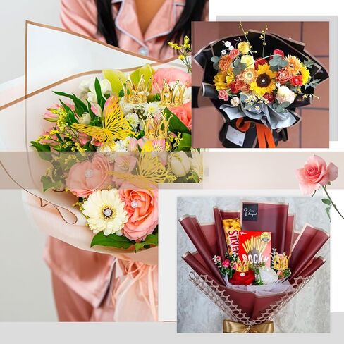 60 ورقة ورق تغليف زهور شفاف مقاوم للماء باقة زهور شفافة لتغليف الهدايا، ورق زهور بحافة ذهبية، لوازم ورقية لبائعي الزهور الكورية لعيد الحب والزفاف والتخرج وعيد الام in Kuwait