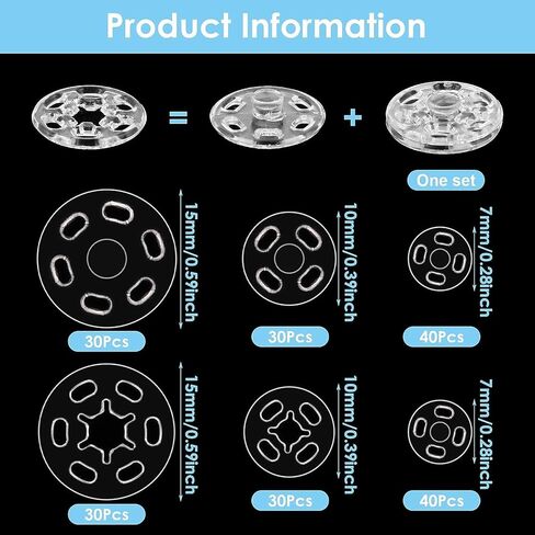 150 Sets Plastic Snaps for Sewing,Invisible Snap Buttons Transparent Round Sew on Snaps Clear Press Button for Sewing Clothing DIY Craft (7 mm, 10 mm, 15 mm) in Kuwait