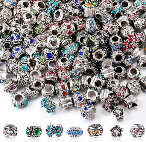 200 Pieces Assorted European Beads with Plating Silver Metal Rhinestone European Lampwork Charms Beads Alloy Large Hole Spacer Beads Antique Paracord Beads for DIY Charm Bracelet Jewelry Making in Kuwait
