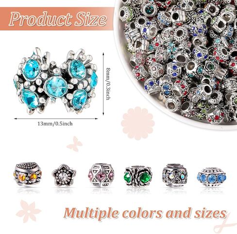 200 Pieces Assorted European Beads with Plating Silver Metal Rhinestone European Lampwork Charms Beads Alloy Large Hole Spacer Beads Antique Paracord Beads for DIY Charm Bracelet Jewelry Making in Kuwait