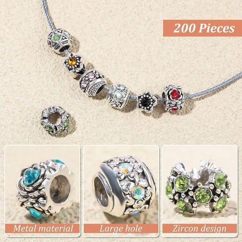 200 Pieces Assorted European Beads with Plating Silver Metal Rhinestone European Lampwork Charms Beads Alloy Large Hole Spacer Beads Antique Paracord Beads for DIY Charm Bracelet Jewelry Making in Kuwait