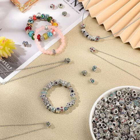 200 Pieces Assorted European Beads with Plating Silver Metal Rhinestone European Lampwork Charms Beads Alloy Large Hole Spacer Beads Antique Paracord Beads for DIY Charm Bracelet Jewelry Making in Kuwait