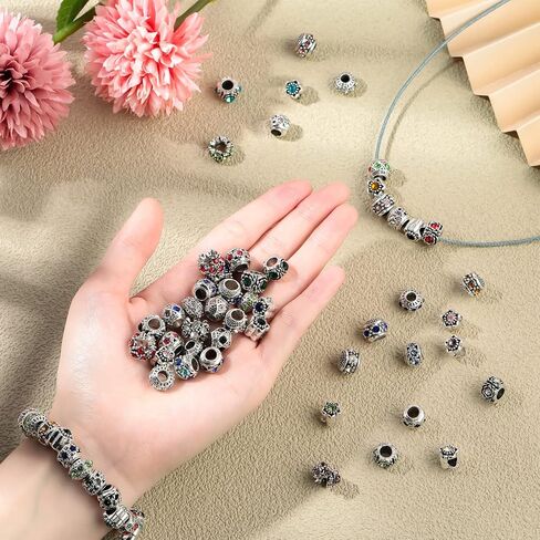 200 Pieces Assorted European Beads with Plating Silver Metal Rhinestone European Lampwork Charms Beads Alloy Large Hole Spacer Beads Antique Paracord Beads for DIY Charm Bracelet Jewelry Making in Kuwait