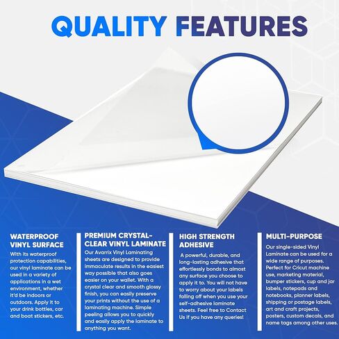 أوراق مصقولة ذاتية اللصق من Avarrix Australia للملصقات، ملصقات ملصقات مقاومة للماء، حماية لملصقات الفينيل القابلة للطباعة، لامعة، مقاومة للتمزق، رابطة قوية للغاية، عبوة من 50 قطعة، مقاس A4 in Kuwait