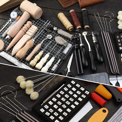 185 Pcs Leather Working Tools, Leather Working Tools and Supplies, Kit with Rotary Cutter and Mat, Hammer Stamping Tools, Awl, Tape Measure, Hand Stitching Tool Set for Sewing Leather Craft in Kuwait