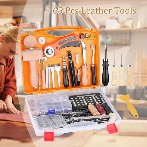 185 Pcs Leather Working Tools, Leather Working Tools and Supplies, Kit with Rotary Cutter and Mat, Hammer Stamping Tools, Awl, Tape Measure, Hand Stitching Tool Set for Sewing Leather Craft in Kuwait