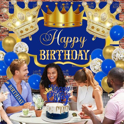 Wonmelody King Birthday Decorations for Men Happy Birthday Party Backdrop Banner for Boy's Black and Gold Balloons Happy Birthday King Decorations Cake Topper Sash King Crown Balloon for Boy Prince in Kuwait