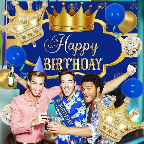 Wonmelody King Birthday Decorations for Men Happy Birthday Party Backdrop Banner for Boy's Black and Gold Balloons Happy Birthday King Decorations Cake Topper Sash King Crown Balloon for Boy Prince in Kuwait