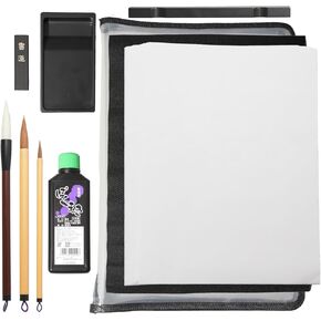 Japanese calligraphy set 9 parts | Shodo calligraphy pen (three brushes) and paper, inkstone and ink stick, non slip underlay, Paperweight, with clear case (Dark Blue edge/Clear case)