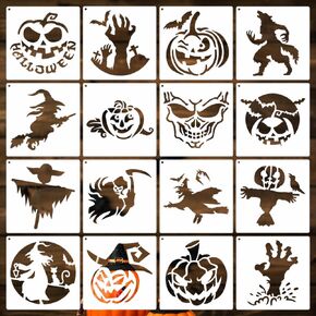 16 Pieces Halloween Stencils for Painting Reusable, Halloween Art Pumpkin Witch Bat Drawing Stencils for Painting on Wood Crafts Ornaments, 7.8 x 7.8 Inches in Kuwait