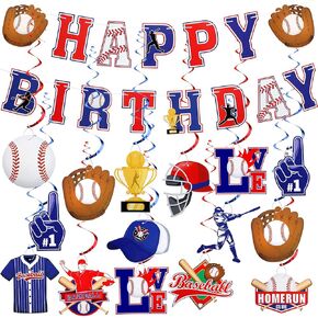26 PCS Baseball Party Banners Baseball Birthday Decorations Sports Theme Party Hanging Swirls Happy Birthday Paper Banners for Boys Girls Birthday Baby Shower Party Supplies