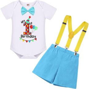 IBTOM CASTLE Baby Boy First Birthday Bunting Flag Outfit Bow Tie Bodysuit Shorts Y-back Suspenders Photo Shoot Clothes Set