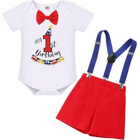 IBTOM CASTLE Baby Boy First Birthday Bunting Flag Outfit Bow Tie Bodysuit Shorts Y-back Suspenders Photo Shoot Clothes Set in Kuwait