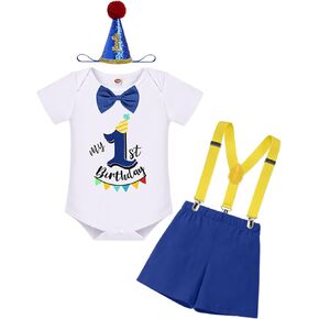 IBTOM CASTLE Baby Boy First Birthday Bunting Flag Outfit Bow Tie Bodysuit Shorts Y-back Suspenders Photo Shoot Clothes Set in Kuwait