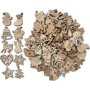100Pcs Small Unfinished Wooden Christmas DIY Crafts Mini Santa Claus Christmas Tree Socks Snowman Snowflake Elk Bell Angel Star Heart in Kuwait