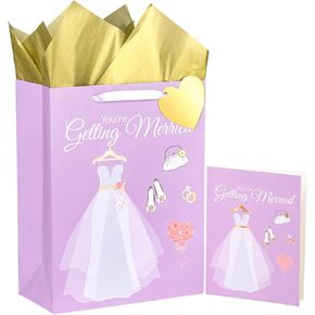 WRAPAHOLIC 10.5" Medium Gift Bags with Card and Tissue Paper - Heart with Flowers and Wedding Day Design for Weddings, Engagements, Bridal Showers, Gift Wrap