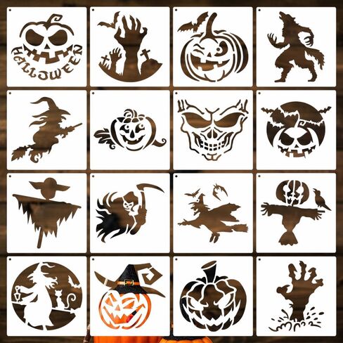 16 Pieces Halloween Stencils for Painting Reusable, Halloween Art Pumpkin Witch Bat Drawing Stencils for Painting on Wood Crafts Ornaments, 7.8 x 7.8 Inches in Kuwait