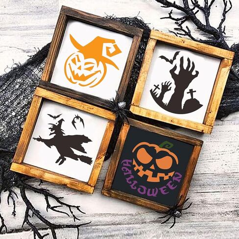 16 Pieces Halloween Stencils for Painting Reusable, Halloween Art Pumpkin Witch Bat Drawing Stencils for Painting on Wood Crafts Ornaments, 7.8 x 7.8 Inches in Kuwait