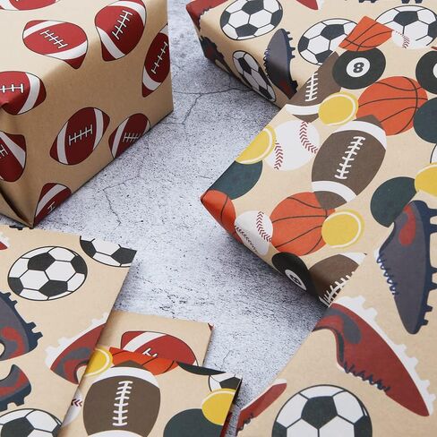 2023 Sports Gift Wrapping Paper, Rugby Basketball Tennis Baseball Football Shoes Kraft Wrapping Paper for Men Boys 20x28 Inches in Saudi Arabia