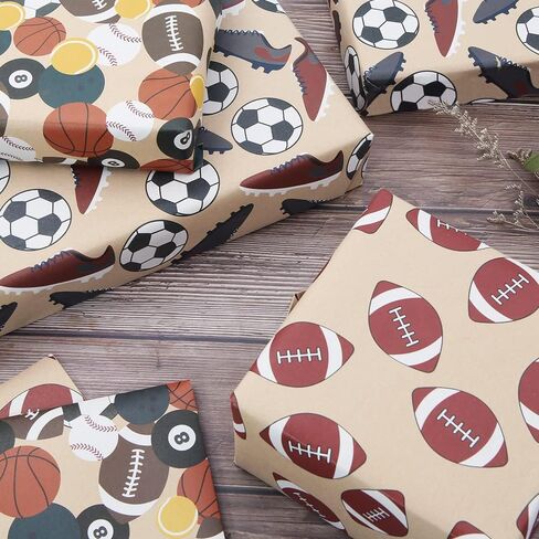 2023 Sports Gift Wrapping Paper, Rugby Basketball Tennis Baseball Football Shoes Kraft Wrapping Paper for Men Boys 20x28 Inches in Saudi Arabia