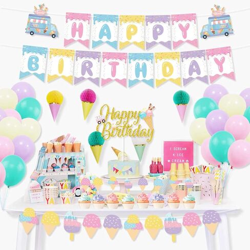 زينة حفلات اعياد الميلاد بتصميم ايس كريم، لافتة عيد ميلاد سعيد لتزيين الكيك والكب كيك وبالون ماكرون للبنات في الصيف وحفلات اعياد الميلاد وحفلات استقبال المولود الجديد in Kuwait