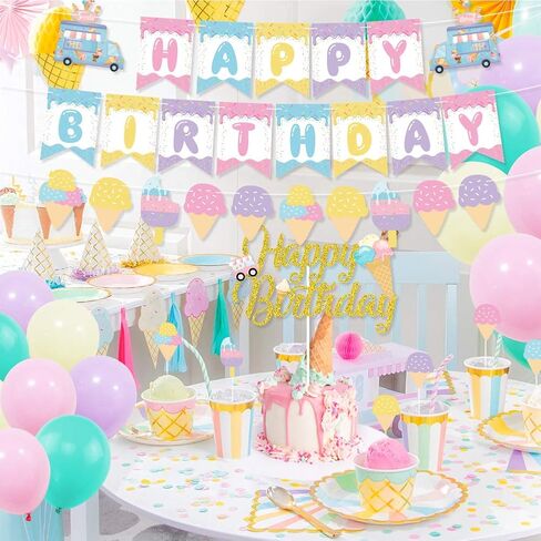 زينة حفلات اعياد الميلاد بتصميم ايس كريم، لافتة عيد ميلاد سعيد لتزيين الكيك والكب كيك وبالون ماكرون للبنات في الصيف وحفلات اعياد الميلاد وحفلات استقبال المولود الجديد in Kuwait