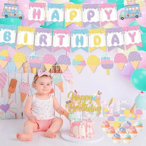 زينة حفلات اعياد الميلاد بتصميم ايس كريم، لافتة عيد ميلاد سعيد لتزيين الكيك والكب كيك وبالون ماكرون للبنات في الصيف وحفلات اعياد الميلاد وحفلات استقبال المولود الجديد in Kuwait