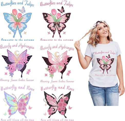 Butterfly and Flower Iron on Decals for Clothing Fabric,Heat Transfer Stickers Vinyl Patches for DIY Couple Clothing T-Shirt Sportswear Hats Gloves Scarves Backpack Canvas Bags Tablecloths Pillow in Kuwait
