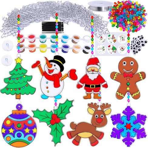 Winlyn 24 Sets Christmas Suncatchers Ornaments Decorations DIY Window Paint Art Suncatchers Christmas Craft Kits Santa Snowman Snowflake Reindeer Sun Catchers for Kids Classroom Activities Art Project in Saudi Arabia