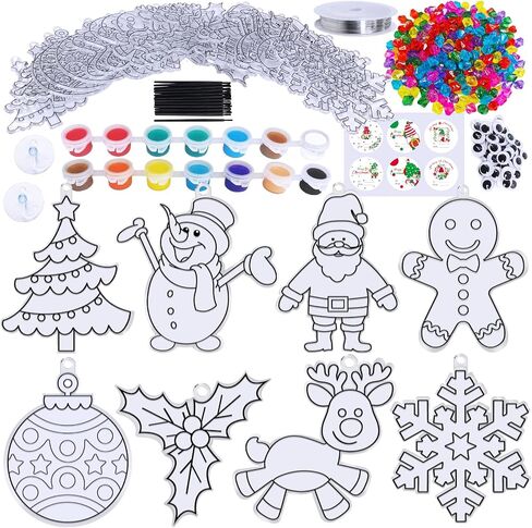 Winlyn 24 Sets Christmas Suncatchers Ornaments Decorations DIY Window Paint Art Suncatchers Christmas Craft Kits Santa Snowman Snowflake Reindeer Sun Catchers for Kids Classroom Activities Art Project in Saudi Arabia
