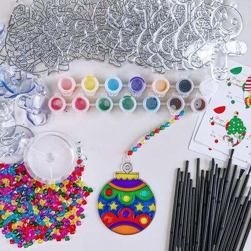 Winlyn 24 Sets Christmas Suncatchers Ornaments Decorations DIY Window Paint Art Suncatchers Christmas Craft Kits Santa Snowman Snowflake Reindeer Sun Catchers for Kids Classroom Activities Art Project in Saudi Arabia