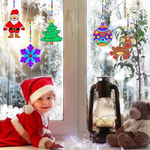Winlyn 24 Sets Christmas Suncatchers Ornaments Decorations DIY Window Paint Art Suncatchers Christmas Craft Kits Santa Snowman Snowflake Reindeer Sun Catchers for Kids Classroom Activities Art Project in Saudi Arabia