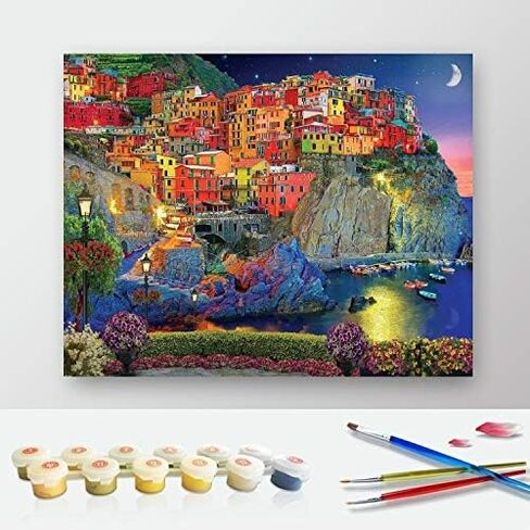 مجموعة الطلاء بالارقام للبالغين - سينك تير ايطاليا | مجموعة الطلاء بالرقم على القماش للمبتدئين | ديكور حائط المنزل | قماش مطبوع مسبقًا بجودة فنية 20 انش × 16 انش، 3 فرش، 24 طلاء اكريليك in Kuwait