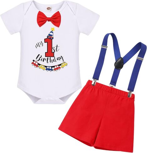 IBTOM CASTLE Baby Boy First Birthday Bunting Flag Outfit Bow Tie Bodysuit Shorts Y-back Suspenders Photo Shoot Clothes Set in Saudi Arabia