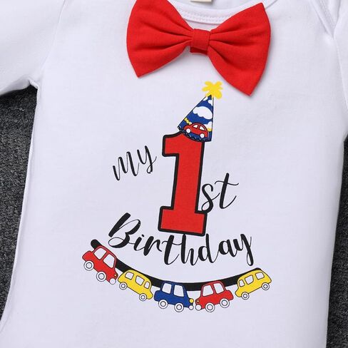 IBTOM CASTLE Baby Boy First Birthday Bunting Flag Outfit Bow Tie Bodysuit Shorts Y-back Suspenders Photo Shoot Clothes Set in Saudi Arabia