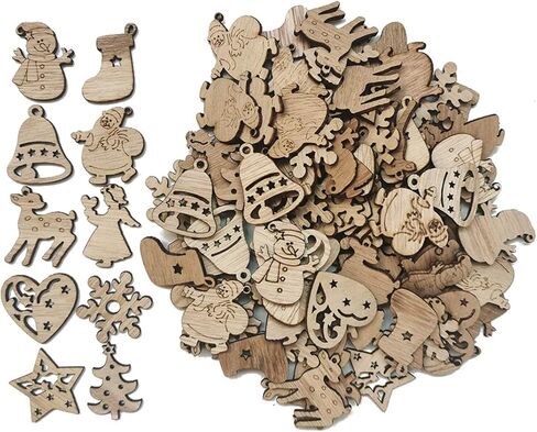100Pcs Small Unfinished Wooden Christmas DIY Crafts Mini Santa Claus Christmas Tree Socks Snowman Snowflake Elk Bell Angel Star Heart in Kuwait